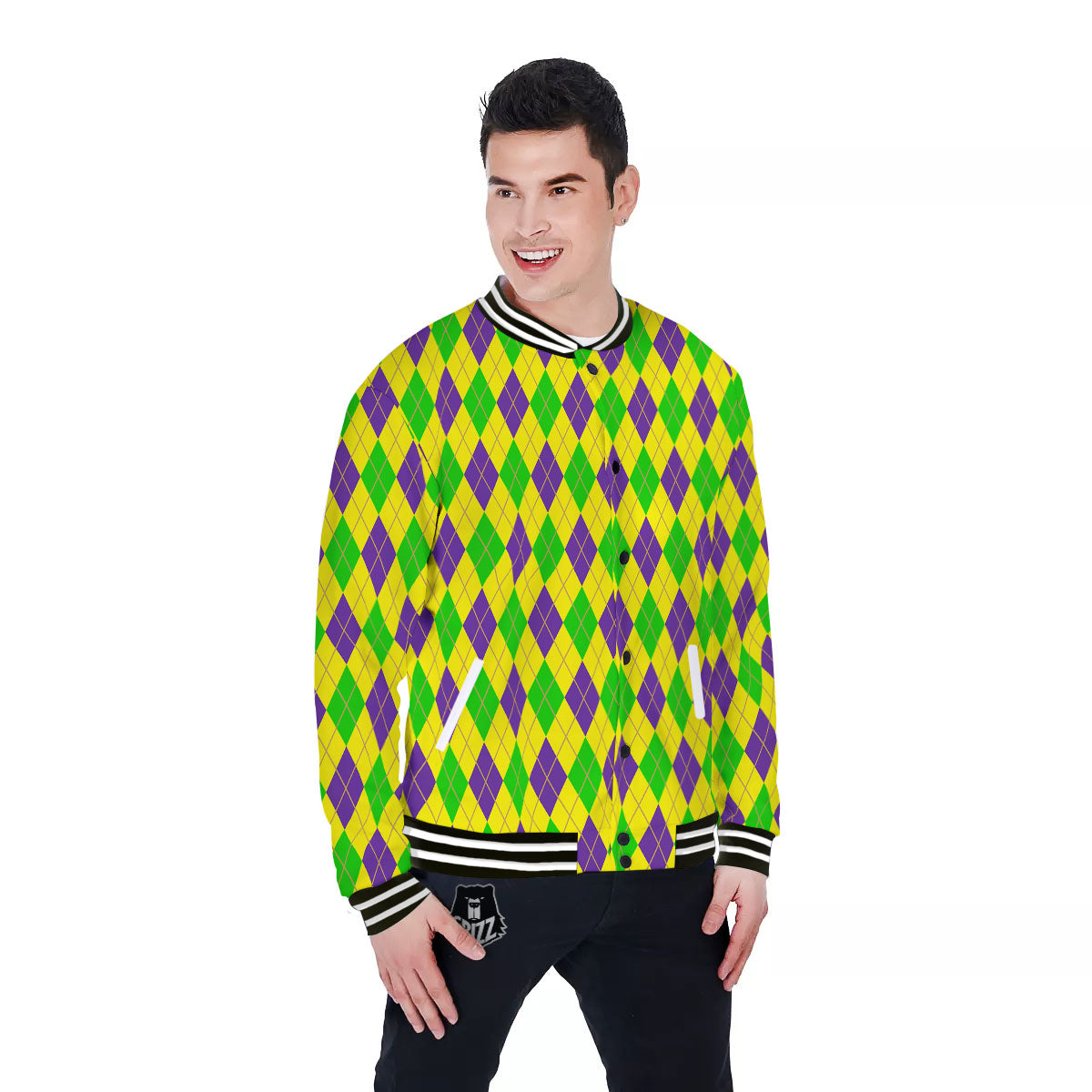 Fat Tuesday Argyle Mardi Gras Print Baseball Jacket-grizzshop