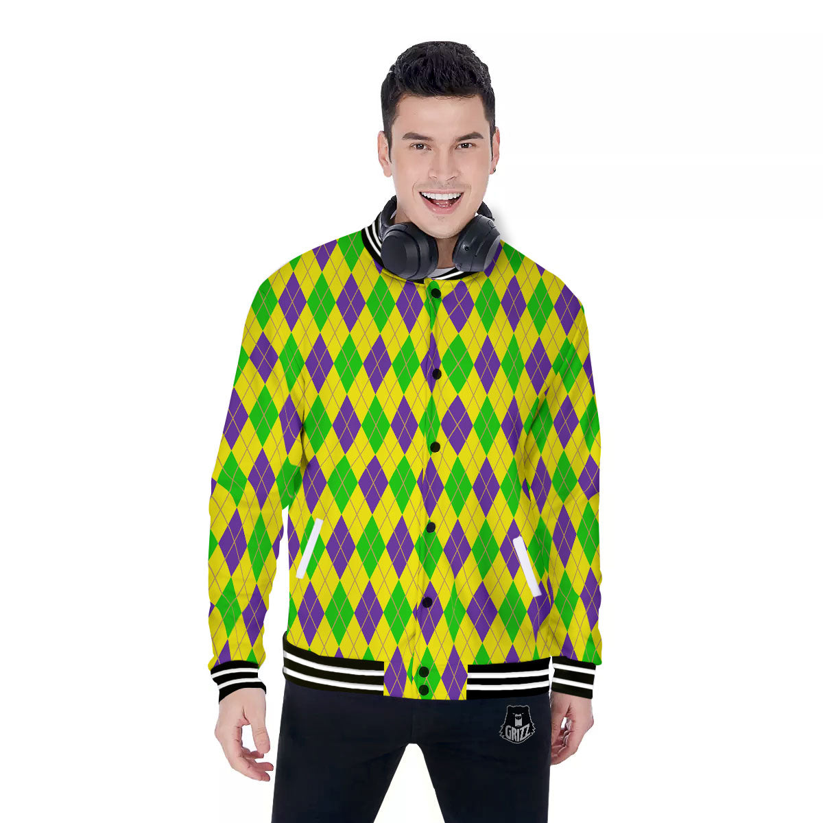 Fat Tuesday Argyle Mardi Gras Print Baseball Jacket-grizzshop