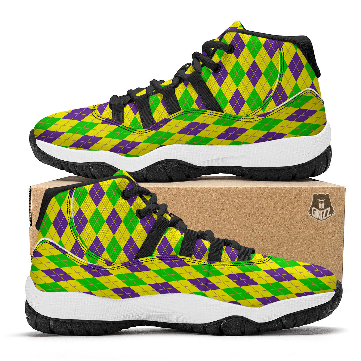 Fat Tuesday Argyle Mardi Gras Print Black Bball Shoes-grizzshop