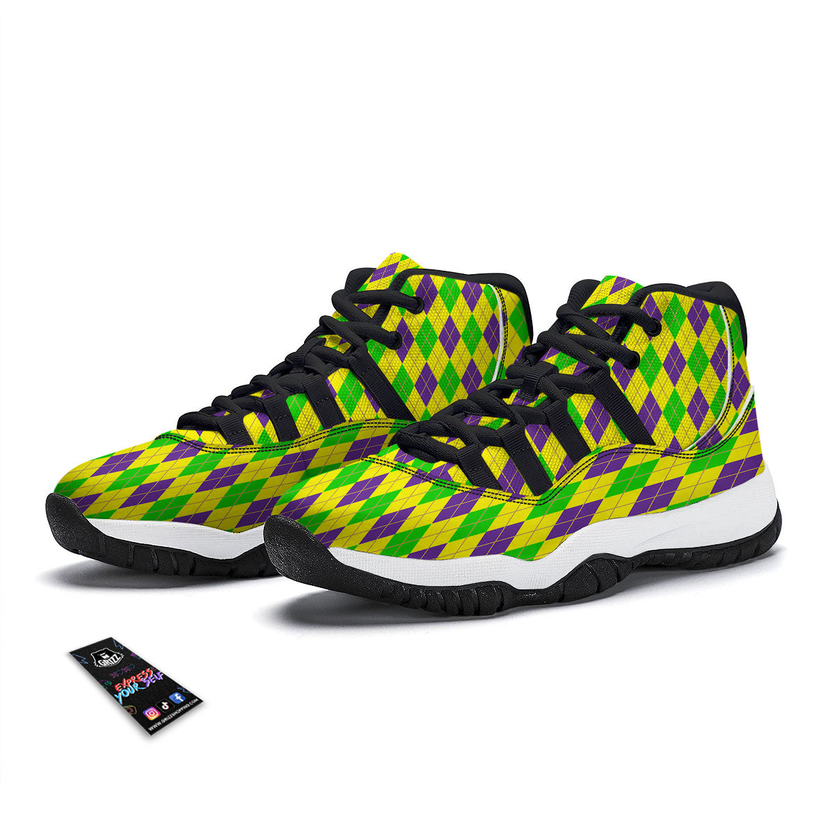 Fat Tuesday Argyle Mardi Gras Print Black Bball Shoes-grizzshop