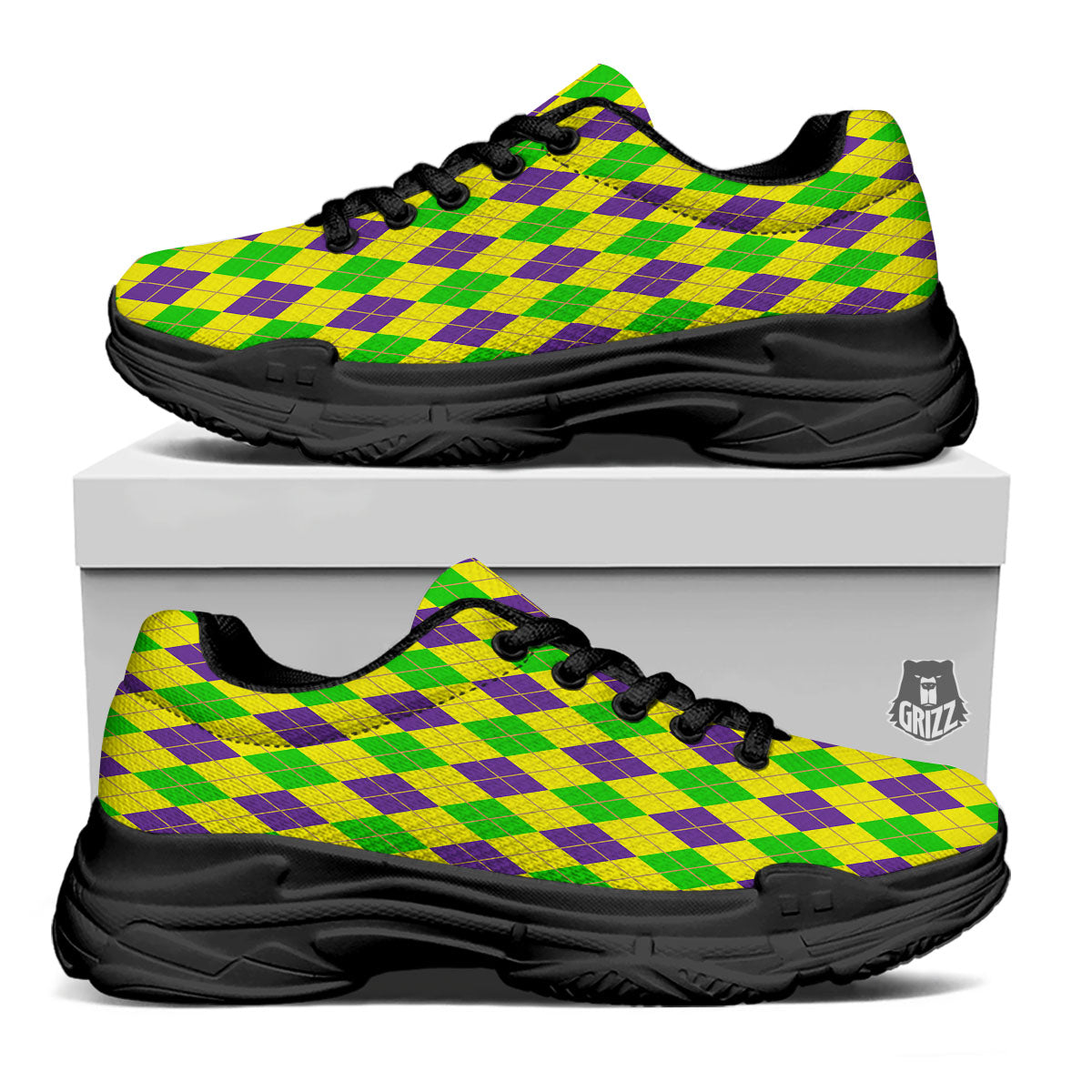 Fat Tuesday Argyle Mardi Gras Print Black Chunky Shoes-grizzshop