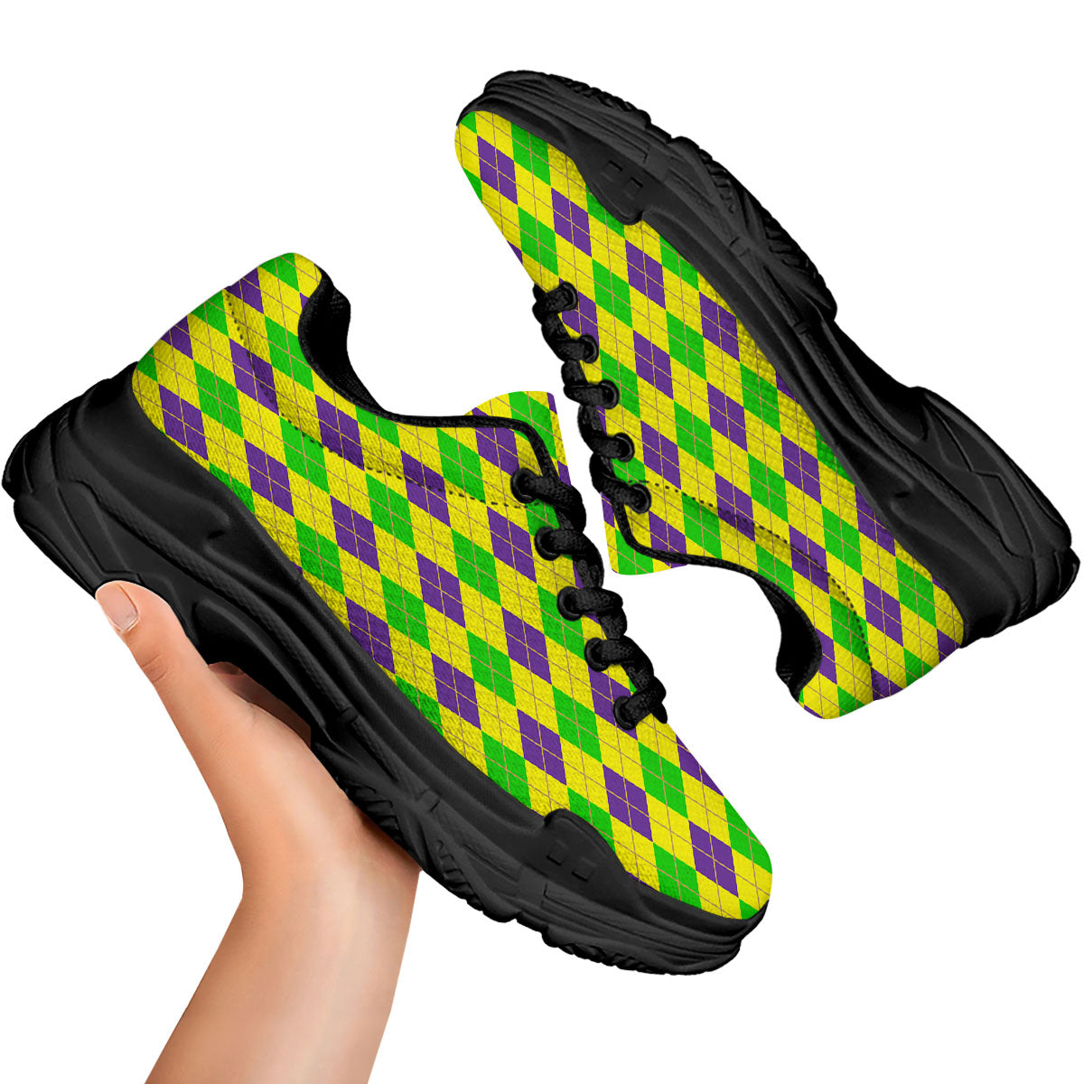 Fat Tuesday Argyle Mardi Gras Print Black Chunky Shoes-grizzshop