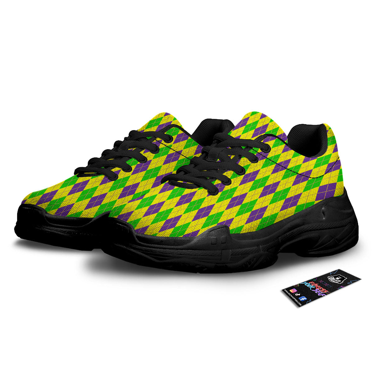 Fat Tuesday Argyle Mardi Gras Print Black Chunky Shoes-grizzshop