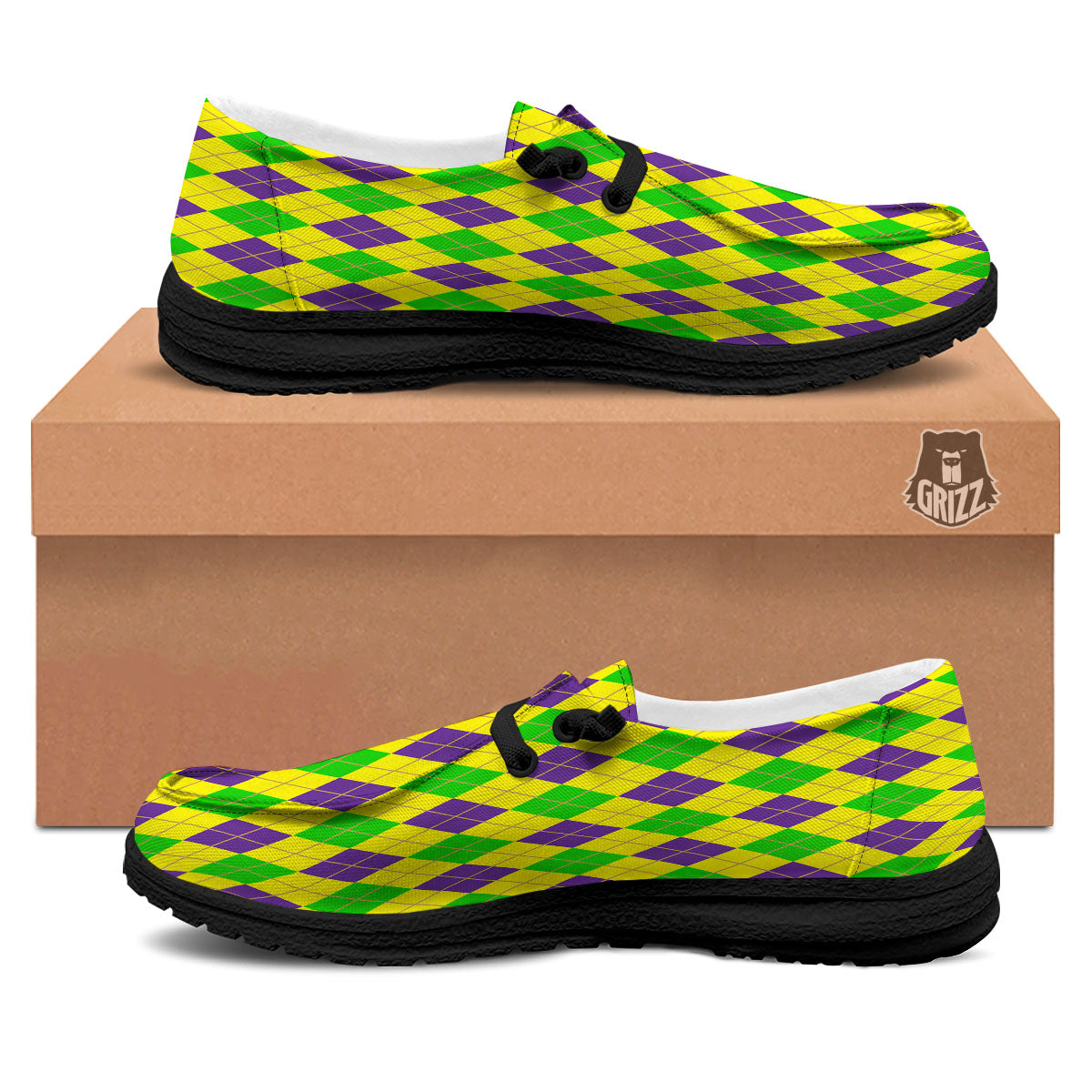 Fat Tuesday Argyle Mardi Gras Print Black Loafers-grizzshop
