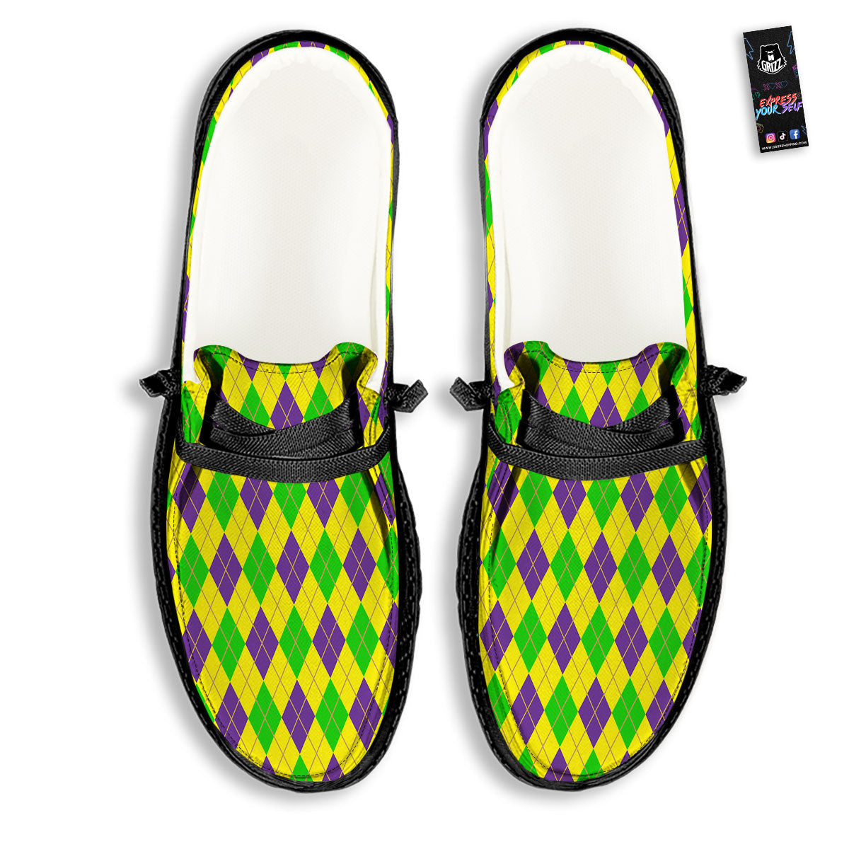 Fat Tuesday Argyle Mardi Gras Print Black Loafers-grizzshop