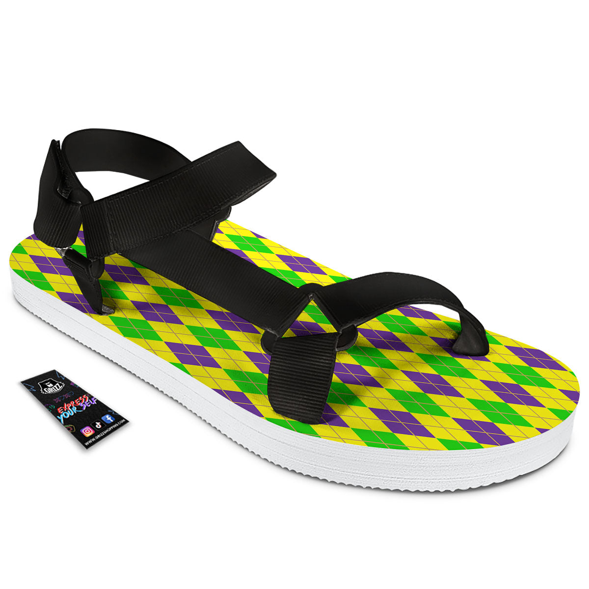 Fat Tuesday Argyle Mardi Gras Print Black Open Toe Sandals-grizzshop
