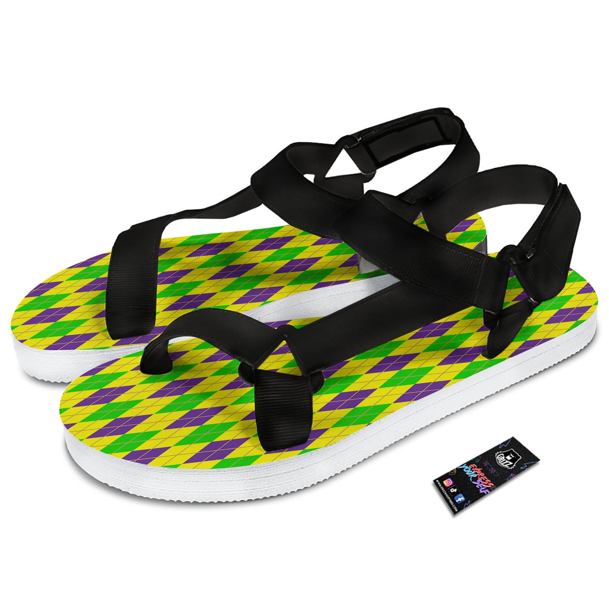 Fat Tuesday Argyle Mardi Gras Print Black Open Toe Sandals-grizzshop
