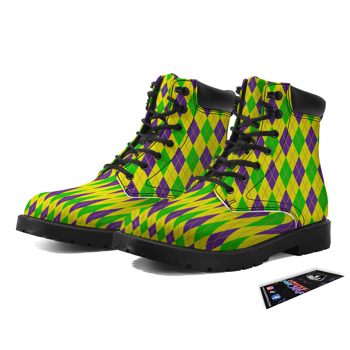 Fat Tuesday Argyle Mardi Gras Print Boots-grizzshop