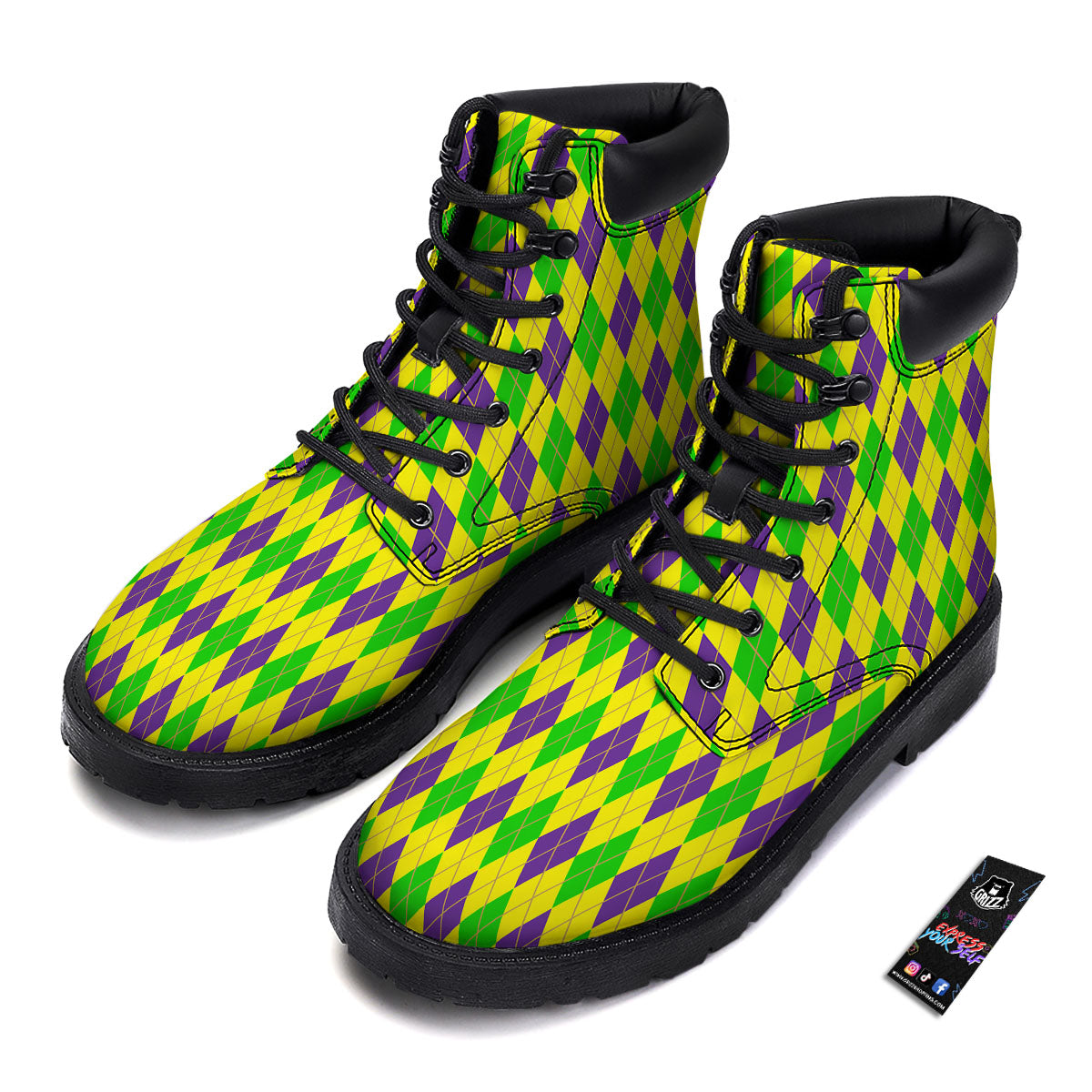 Fat Tuesday Argyle Mardi Gras Print Boots-grizzshop