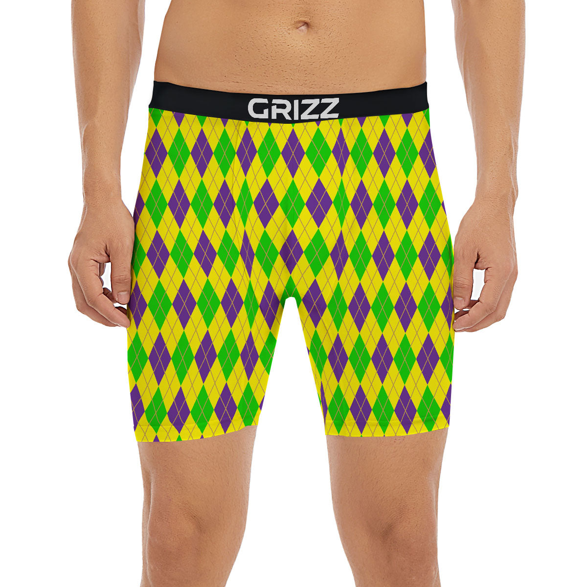 Fat Tuesday Argyle Mardi Gras Print Boxer Briefs-grizzshop