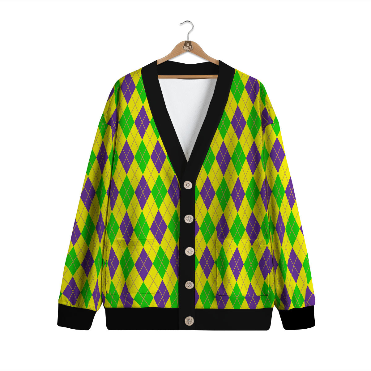 Fat Tuesday Argyle Mardi Gras Print Cardigan-grizzshop