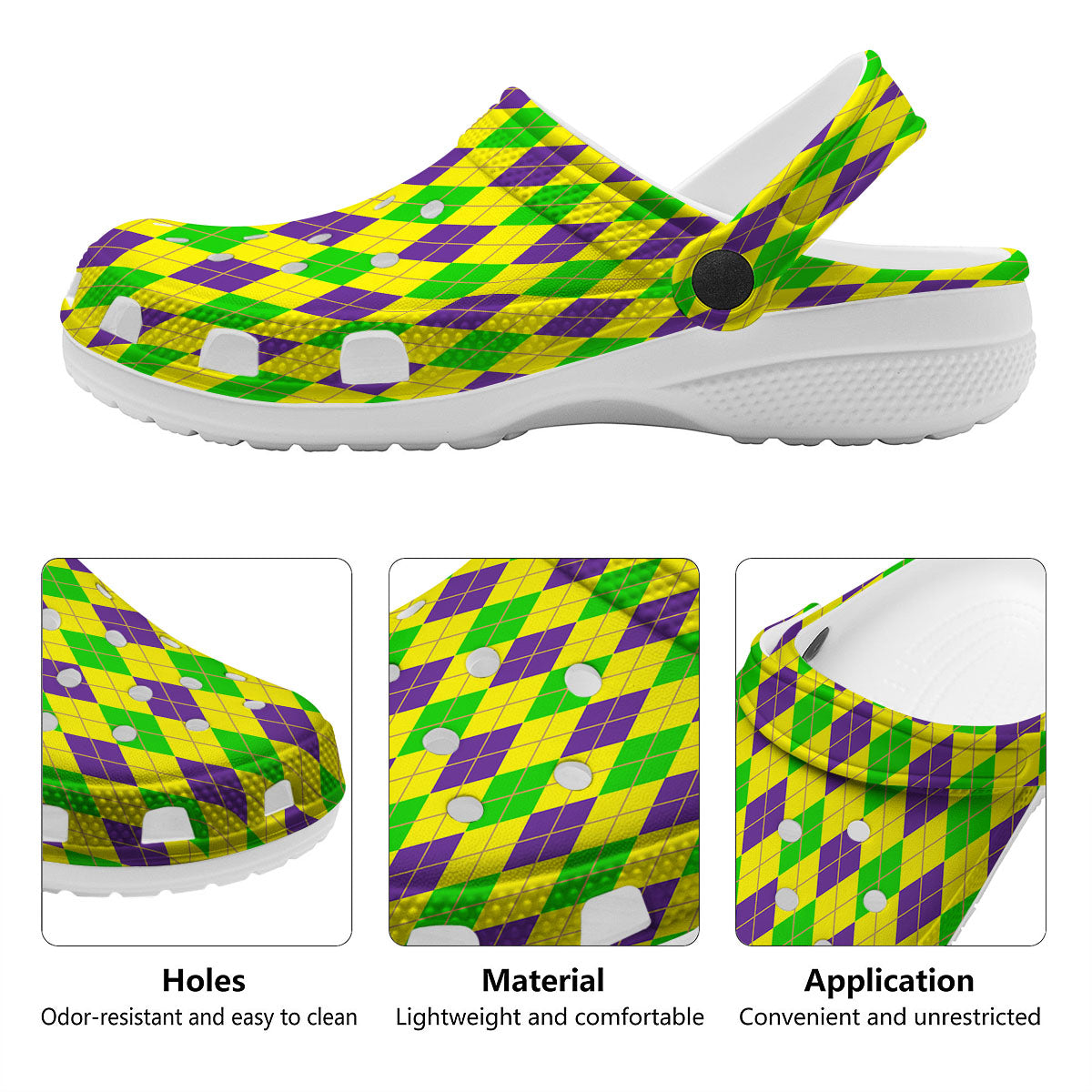 Fat Tuesday Argyle Mardi Gras Print Clog-grizzshop