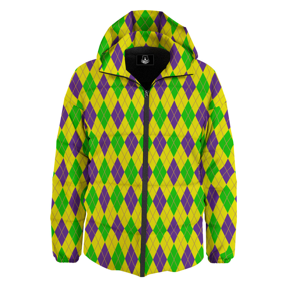 Fat Tuesday Argyle Mardi Gras Print Down Jacket-grizzshop