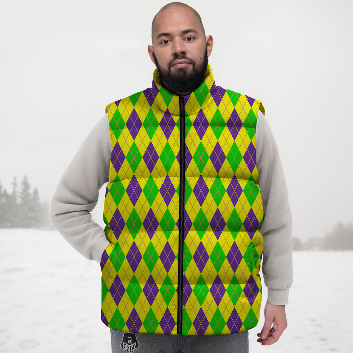 Fat Tuesday Argyle Mardi Gras Print Down Vest