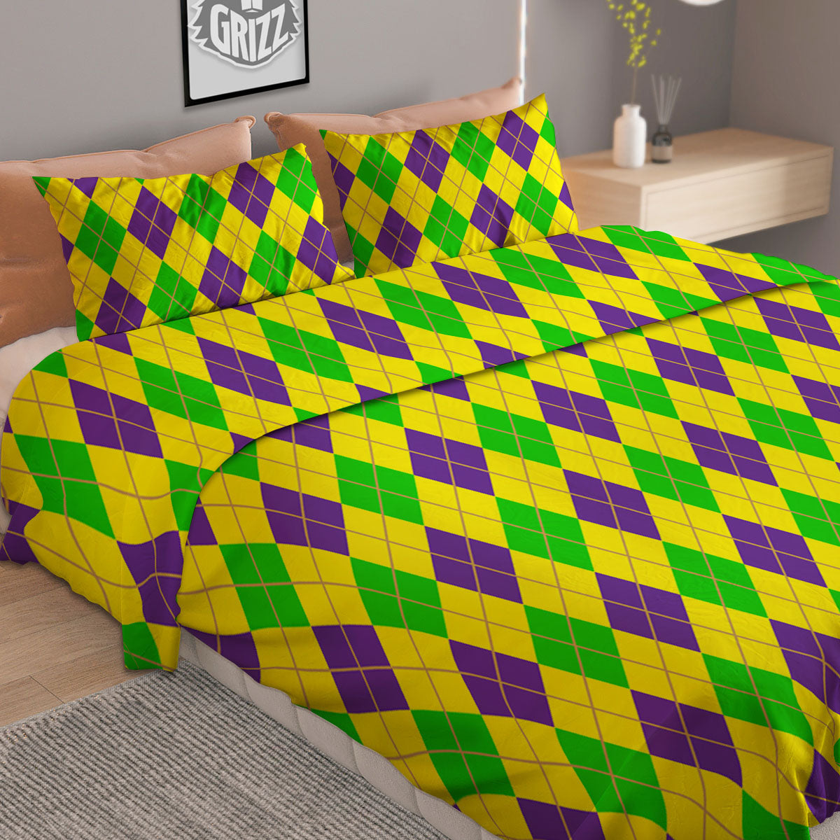 Fat Tuesday Argyle Mardi Gras Print Duvet Cover Bedding Set