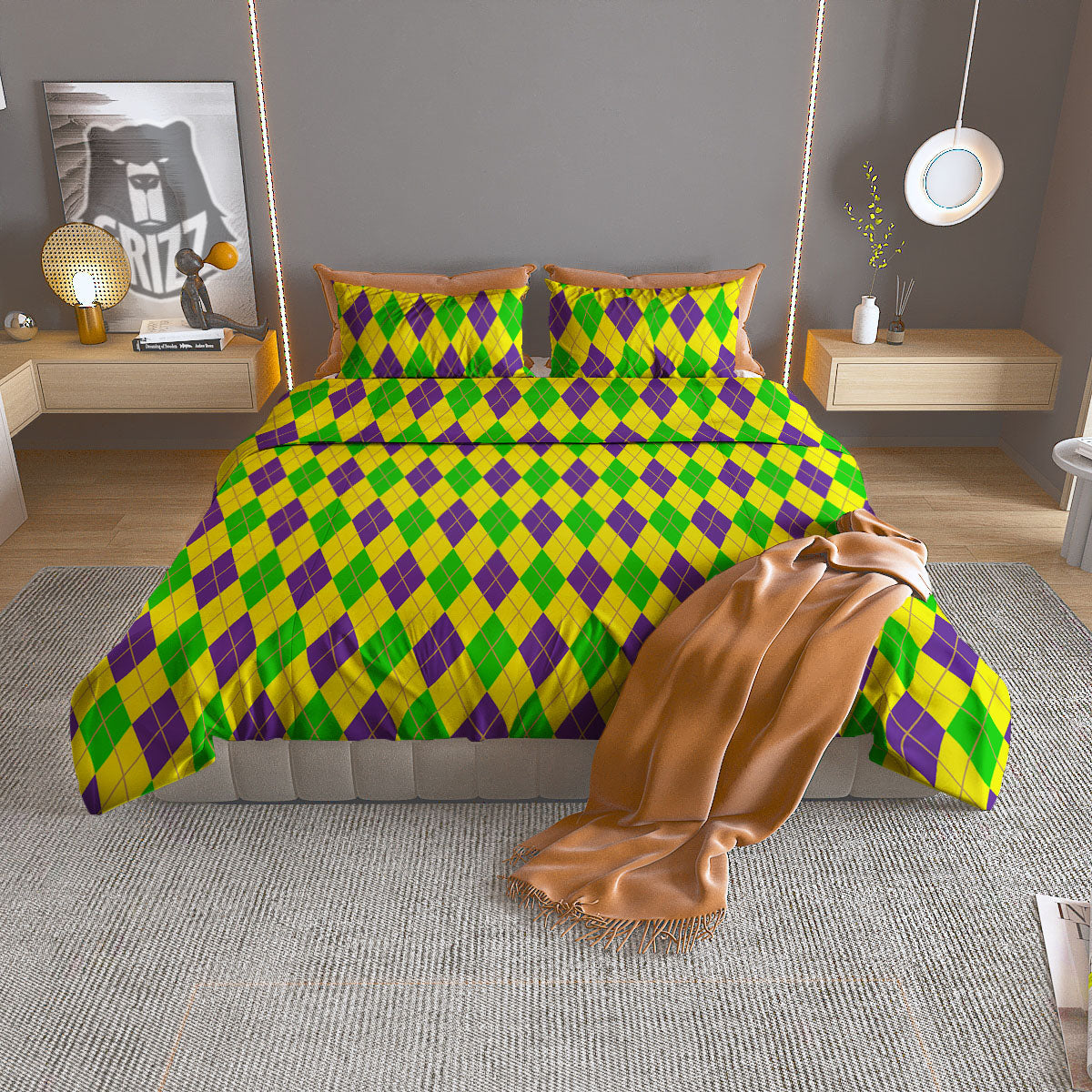 Fat Tuesday Argyle Mardi Gras Print Duvet Cover Bedding Set