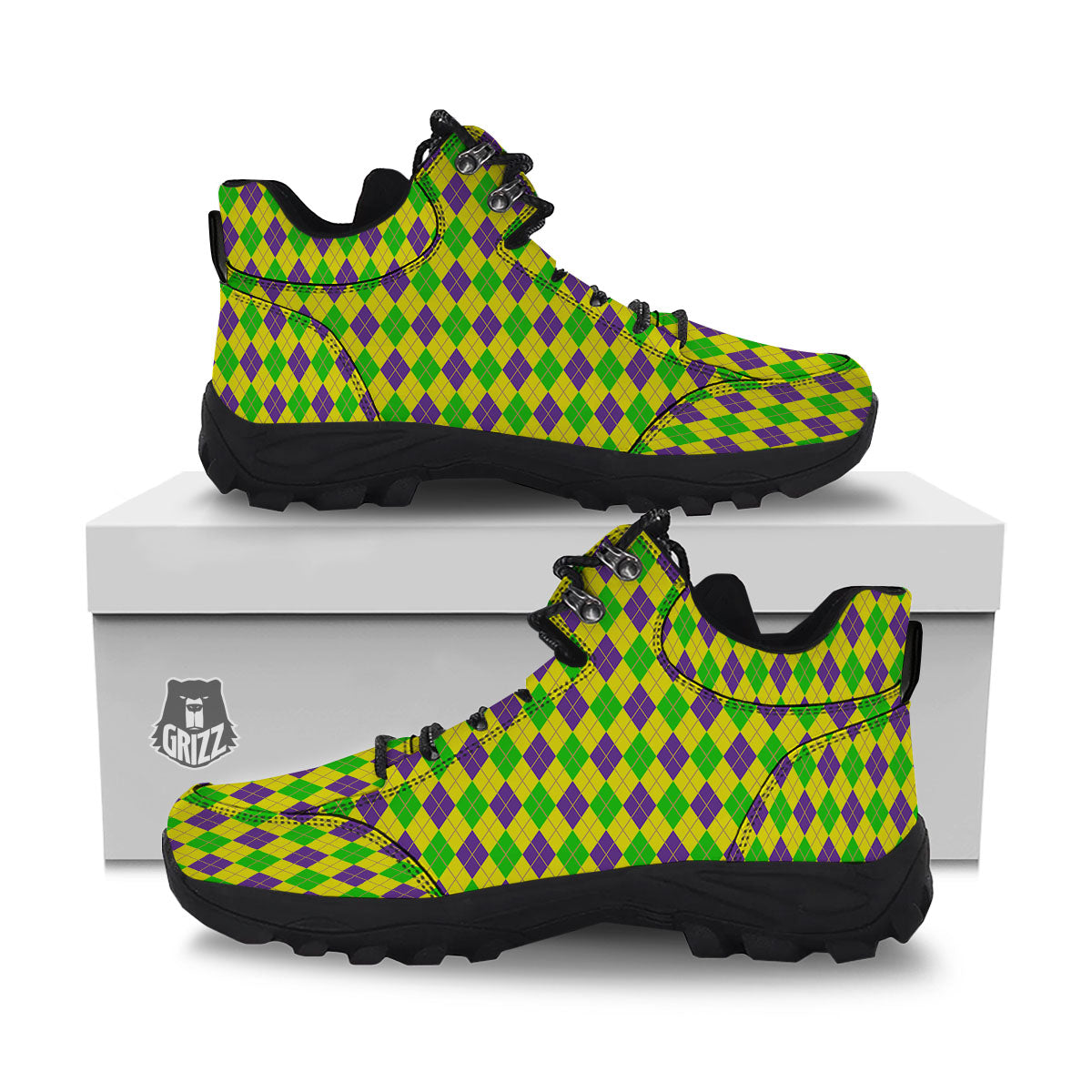 Fat Tuesday Argyle Mardi Gras Print Hiking Shoes-grizzshop