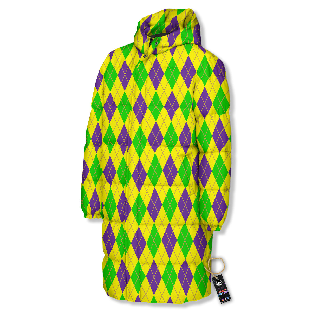 Fat Tuesday Argyle Mardi Gras Print Long Down Jacket-grizzshop