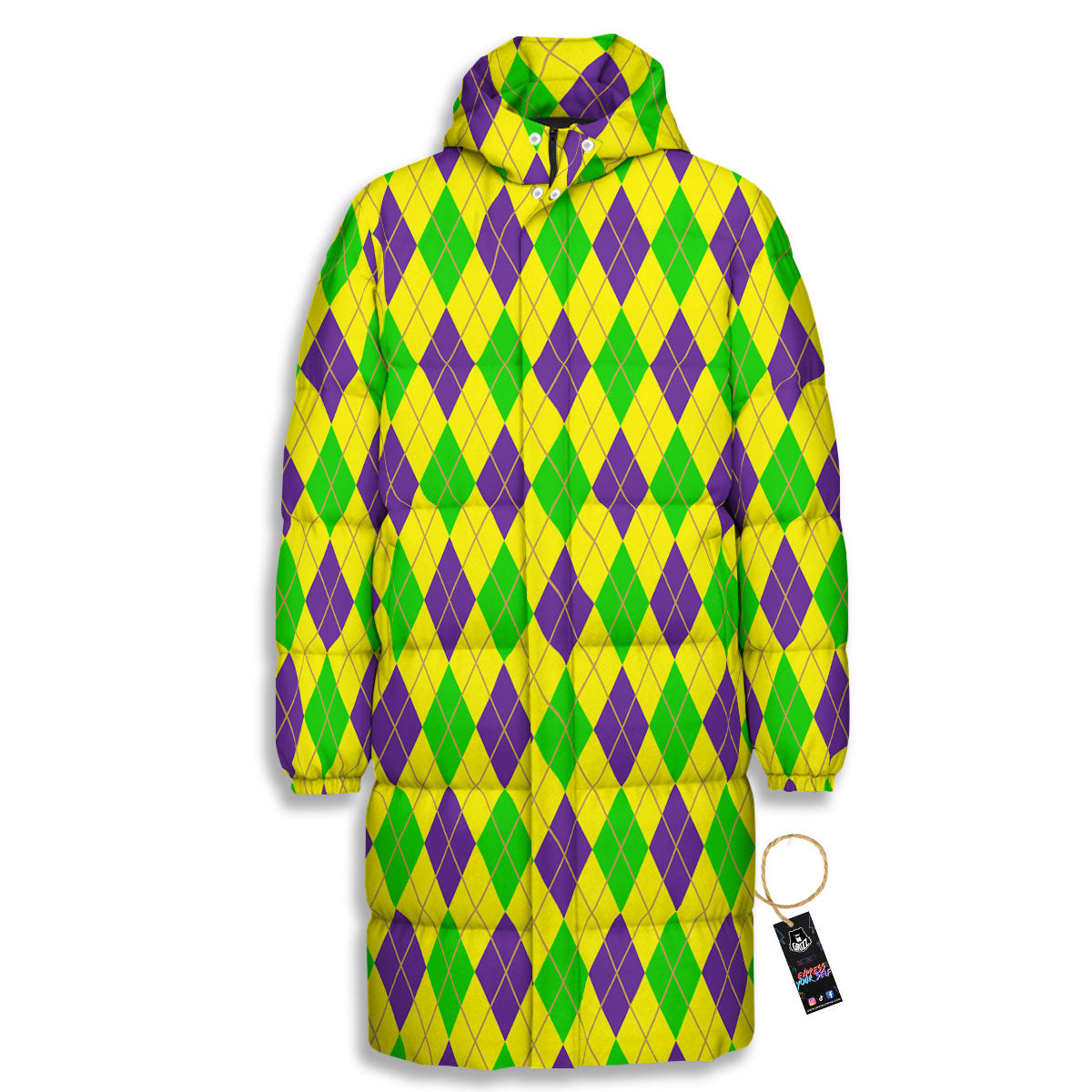 Fat Tuesday Argyle Mardi Gras Print Long Down Jacket-grizzshop
