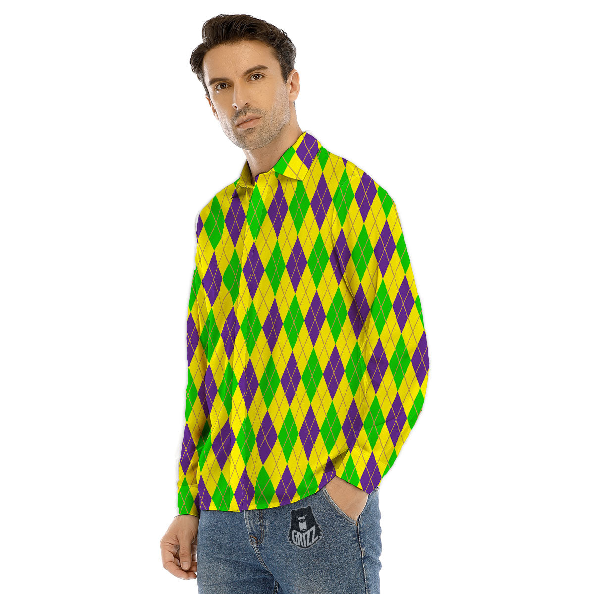 Fat Tuesday Argyle Mardi Gras Print Men's Dress Shirts-grizzshop