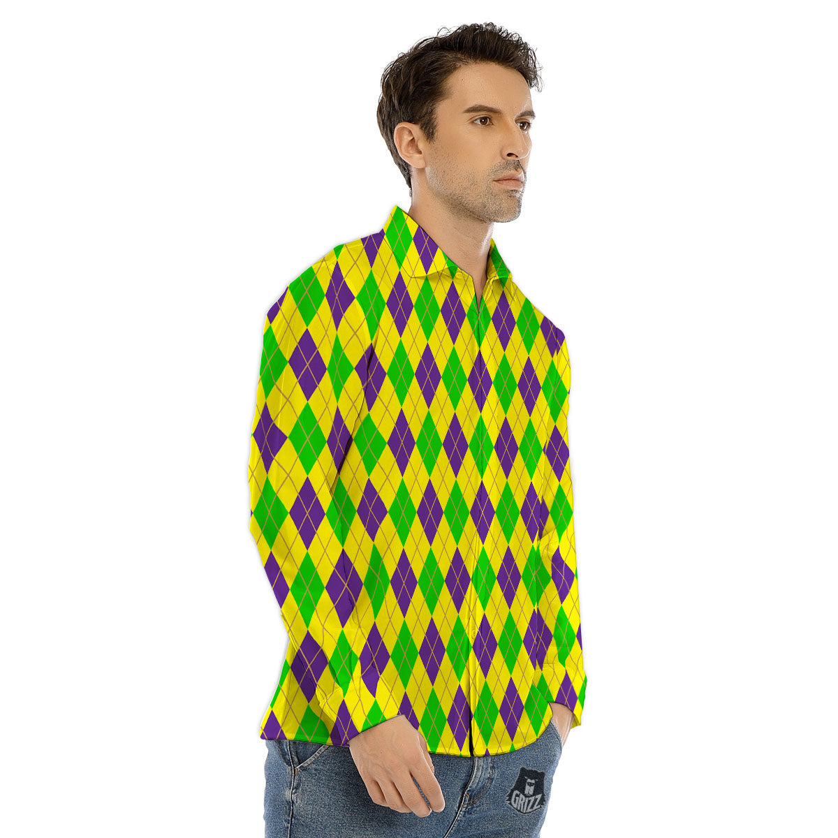 Fat Tuesday Argyle Mardi Gras Print Men's Dress Shirts-grizzshop