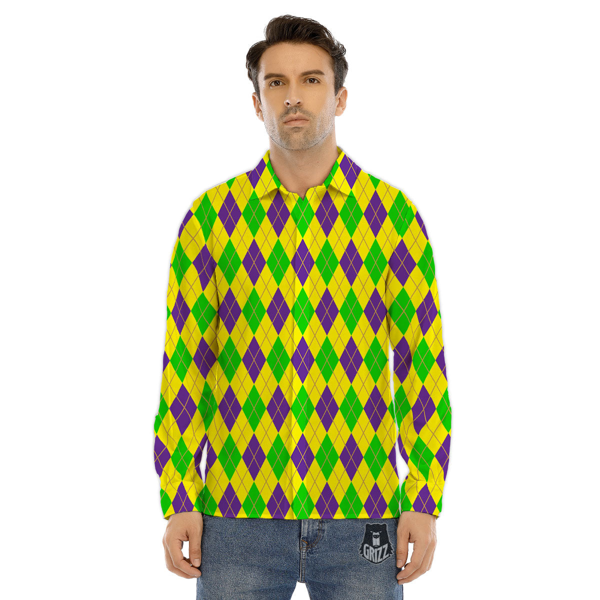 Fat Tuesday Argyle Mardi Gras Print Men's Dress Shirts-grizzshop