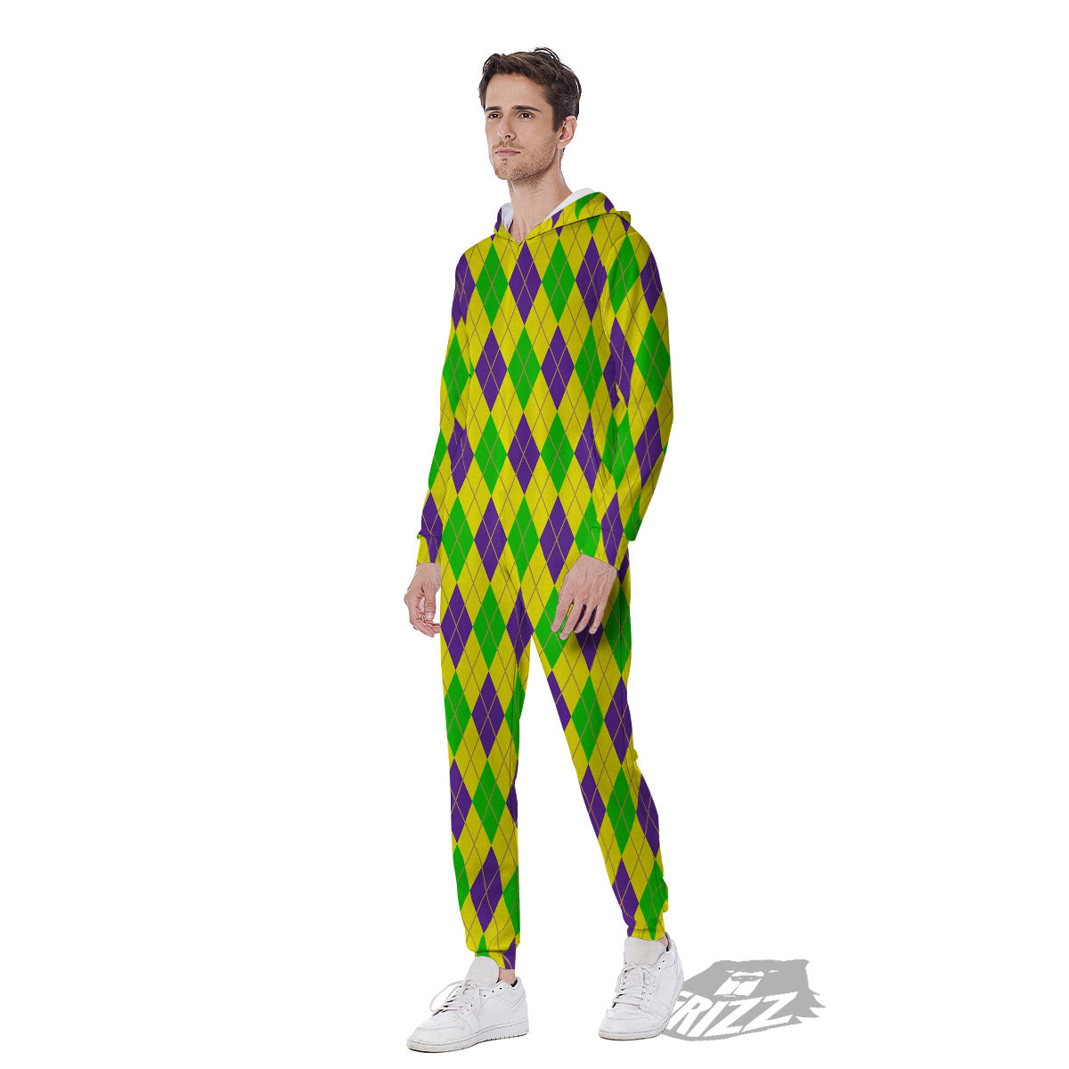 Fat Tuesday Argyle Mardi Gras Print Men's Jumpsuit-grizzshop