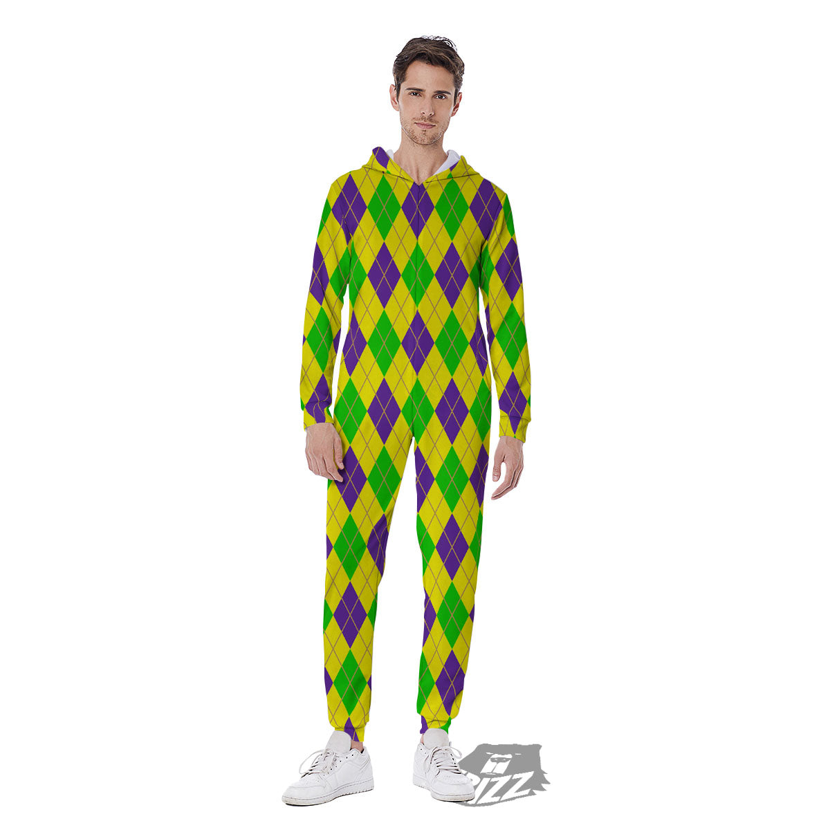 Fat Tuesday Argyle Mardi Gras Print Men's Jumpsuit-grizzshop