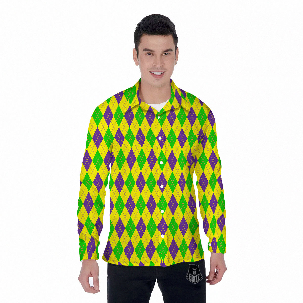 Fat Tuesday Argyle Mardi Gras Print Men's Long Sleeve Shirts-grizzshop