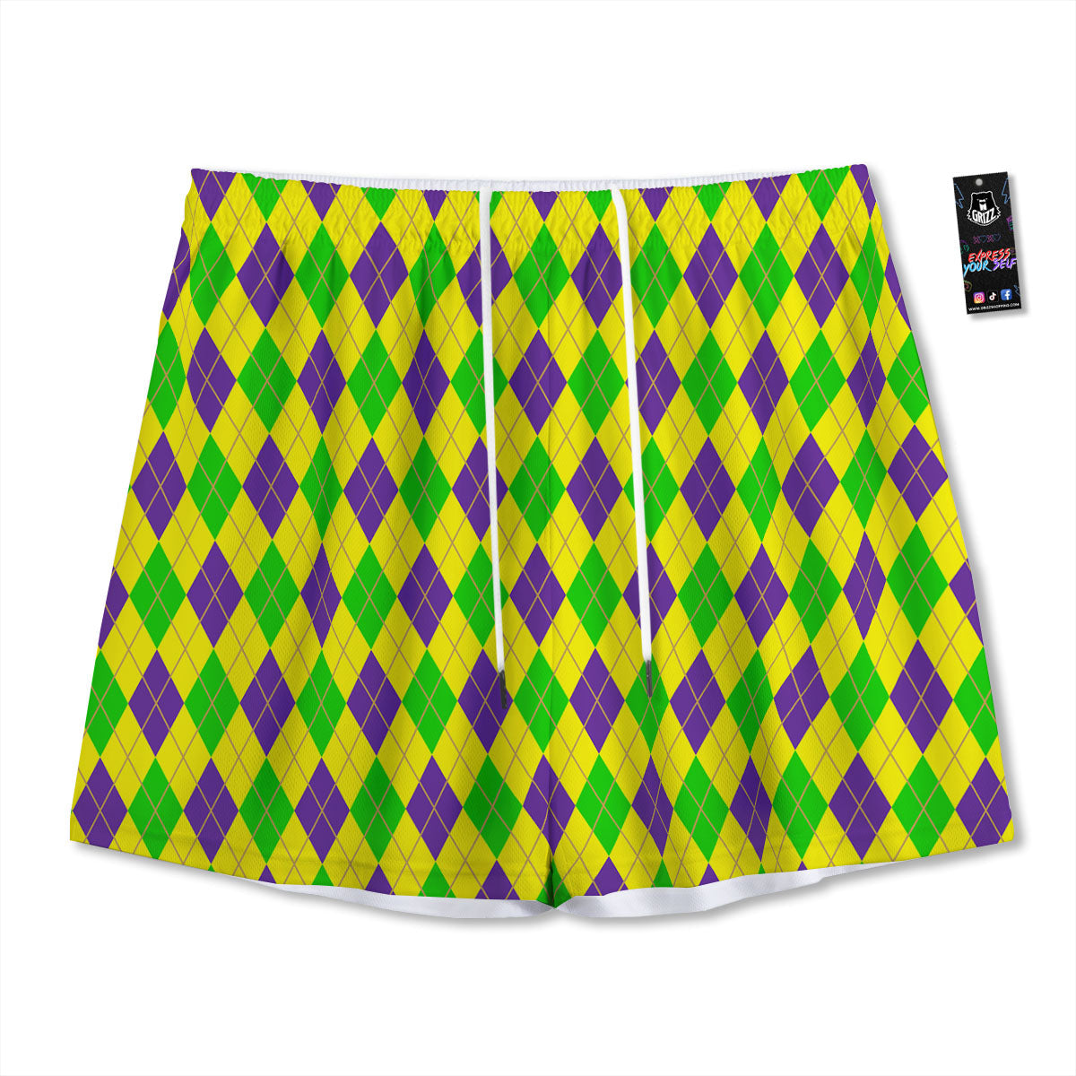 Fat Tuesday Argyle Mardi Gras Print Mesh Shorts