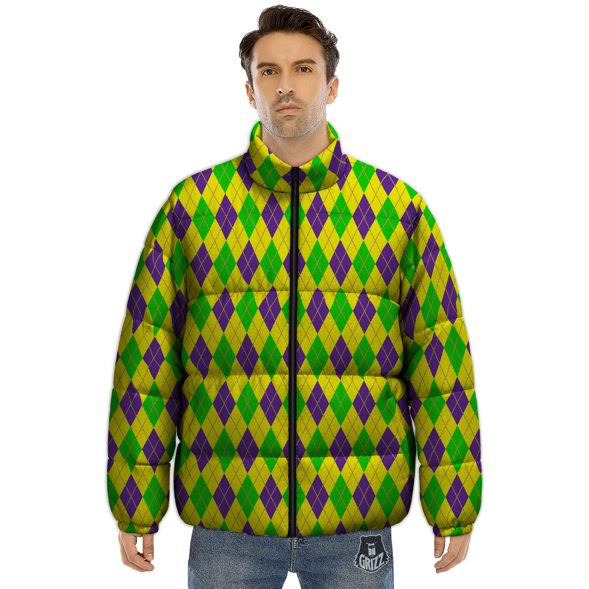 Fat Tuesday Argyle Mardi Gras Print Puffer Jacket-grizzshop