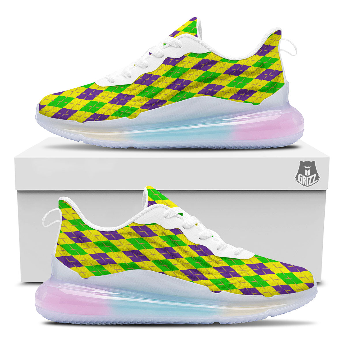 Fat Tuesday Argyle Mardi Gras Print Running Sneakers-grizzshop
