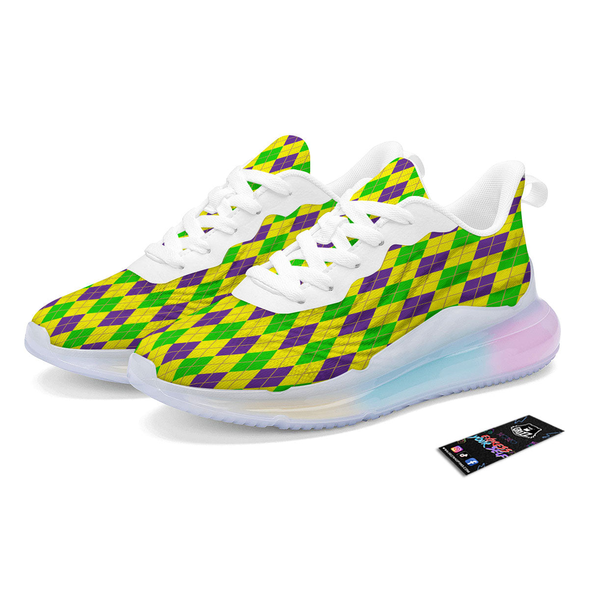 Fat Tuesday Argyle Mardi Gras Print Running Sneakers-grizzshop
