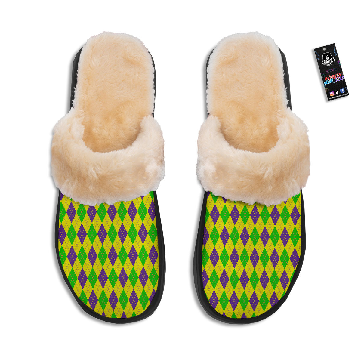 Fat Tuesday Argyle Mardi Gras Print Slippers-grizzshop