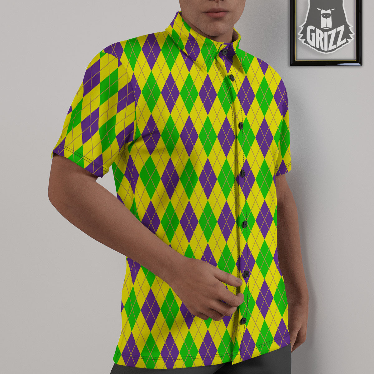 Fat Tuesday Argyle Mardi Gras Print Untucked Shirts-grizzshop