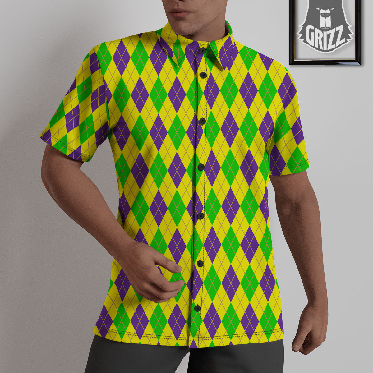 Fat Tuesday Argyle Mardi Gras Print Untucked Shirts-grizzshop