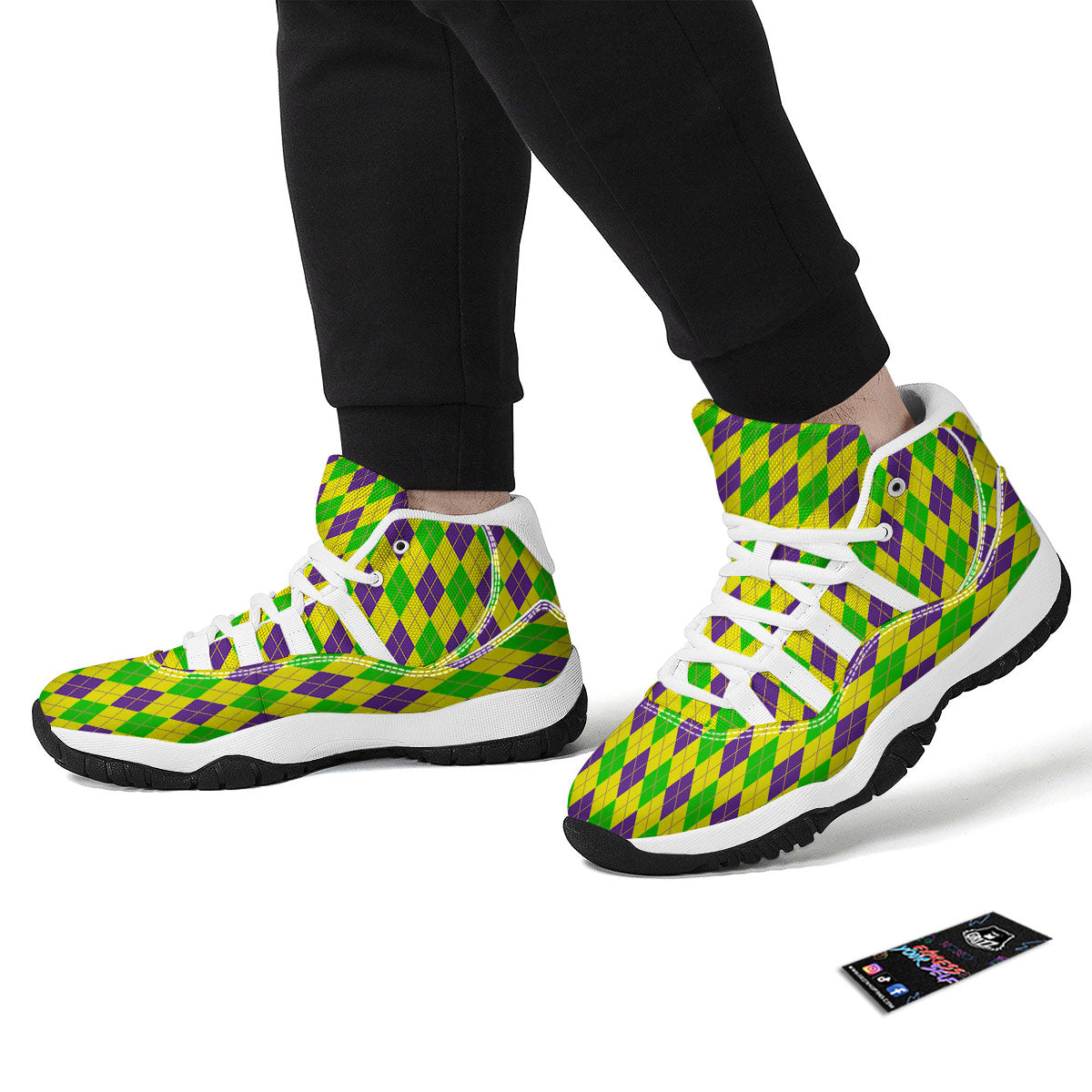Fat Tuesday Argyle Mardi Gras Print White Bball Shoes-grizzshop