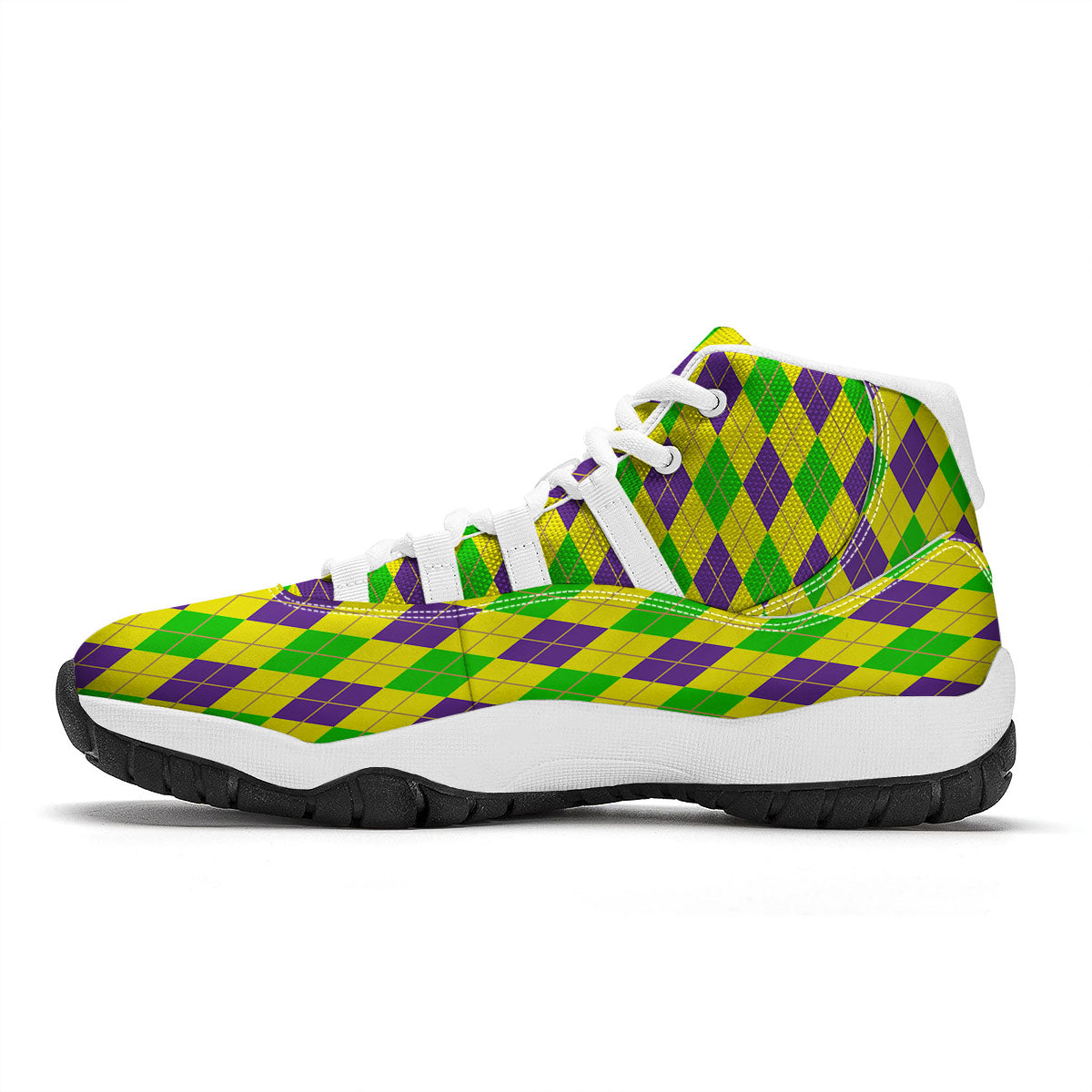 Fat Tuesday Argyle Mardi Gras Print White Bball Shoes-grizzshop