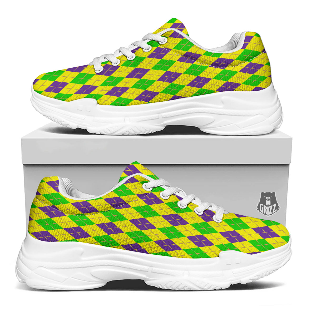 Fat Tuesday Argyle Mardi Gras Print White Chunky Shoes-grizzshop