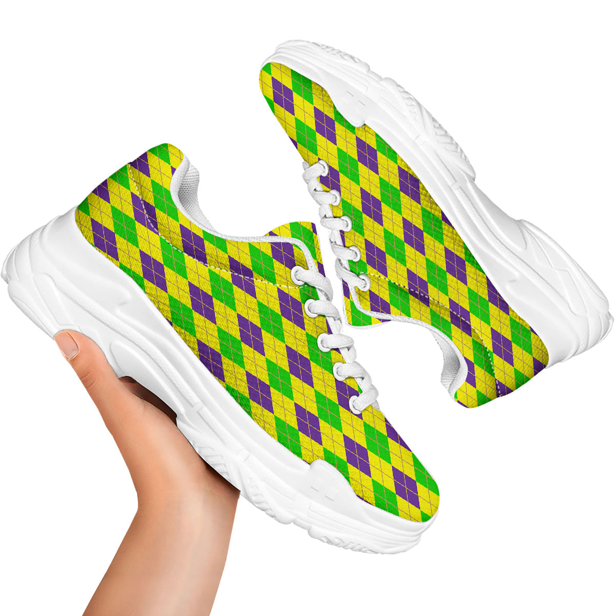 Fat Tuesday Argyle Mardi Gras Print White Chunky Shoes-grizzshop