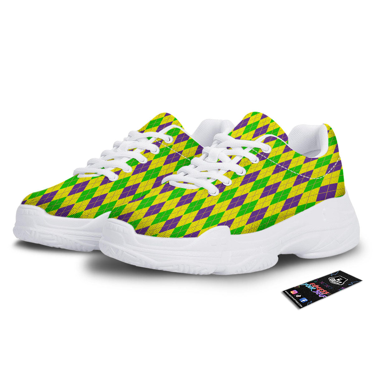 Fat Tuesday Argyle Mardi Gras Print White Chunky Shoes-grizzshop