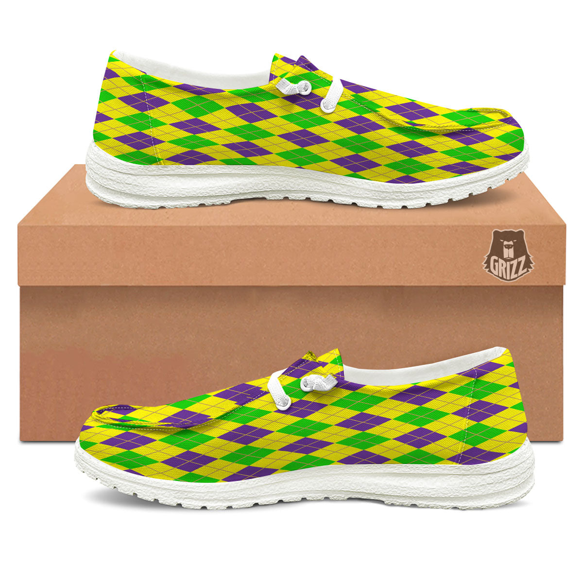 Fat Tuesday Argyle Mardi Gras Print White Loafers-grizzshop