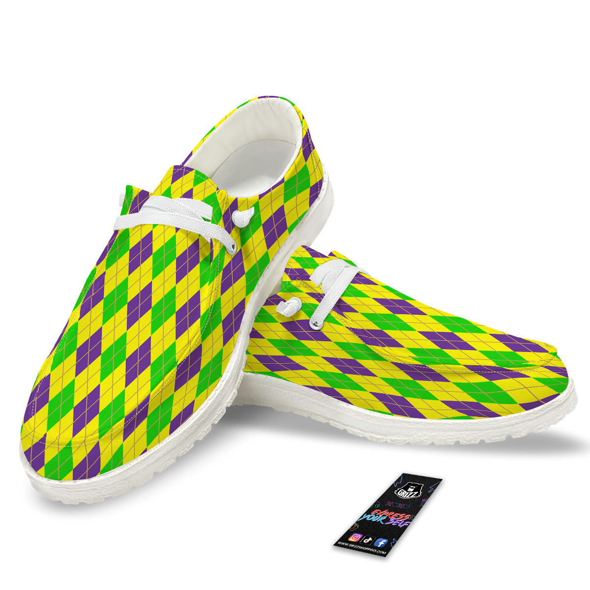 Fat Tuesday Argyle Mardi Gras Print White Loafers-grizzshop