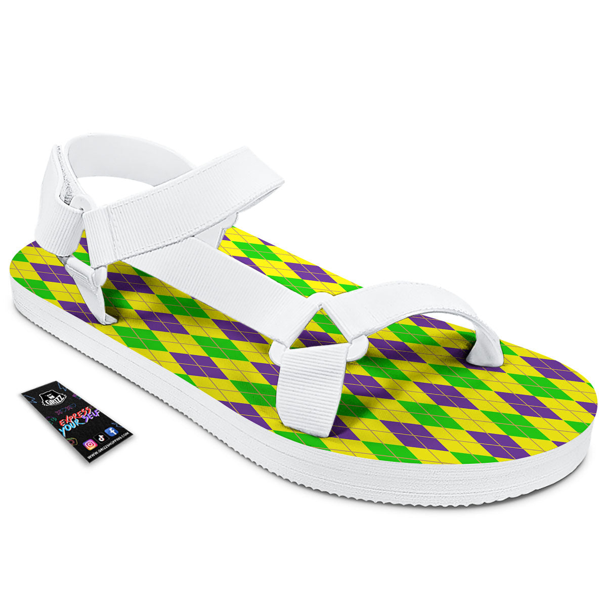 Fat Tuesday Argyle Mardi Gras Print White Open Toe Sandals-grizzshop