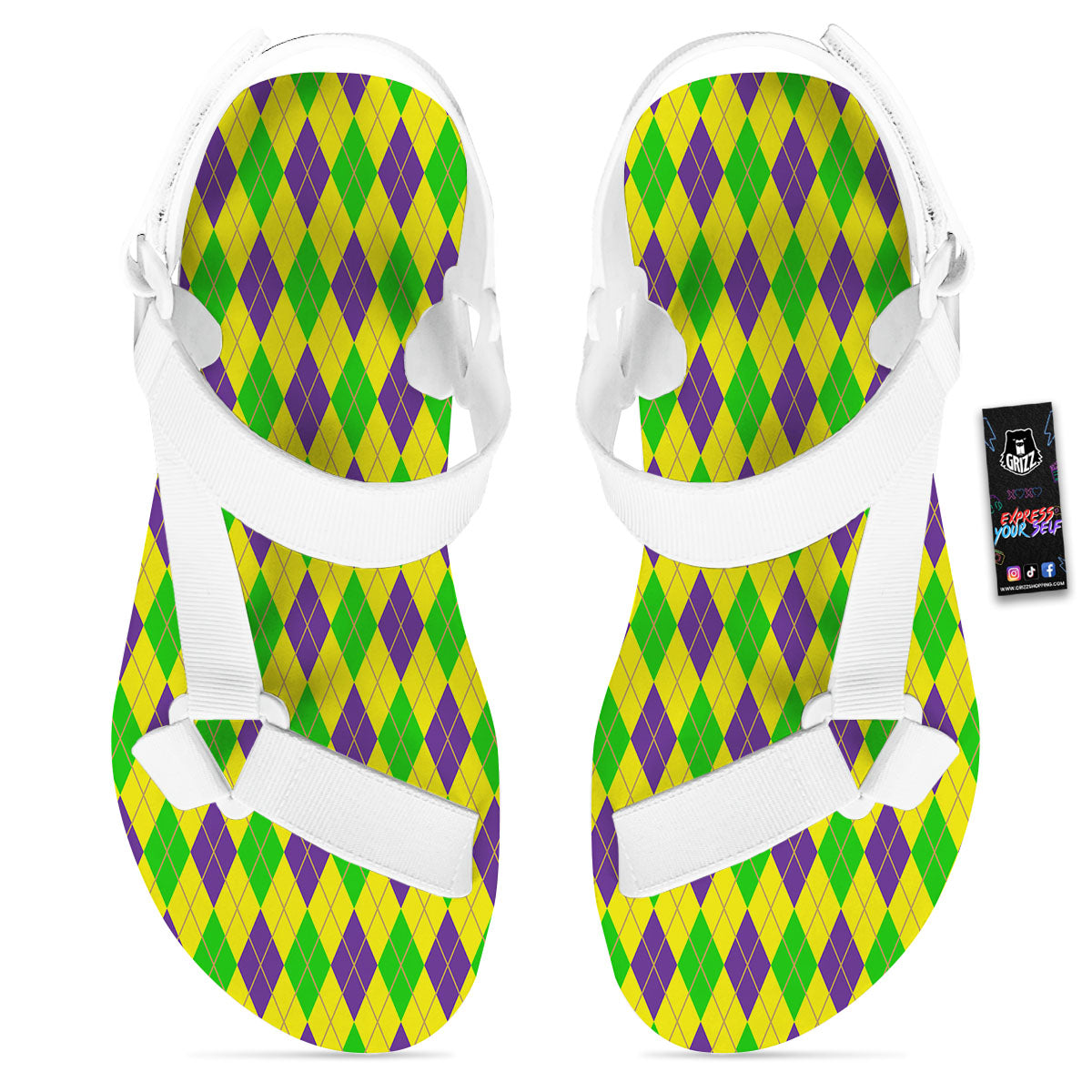 Fat Tuesday Argyle Mardi Gras Print White Open Toe Sandals-grizzshop