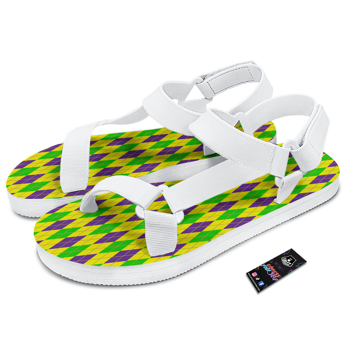 Fat Tuesday Argyle Mardi Gras Print White Open Toe Sandals-grizzshop