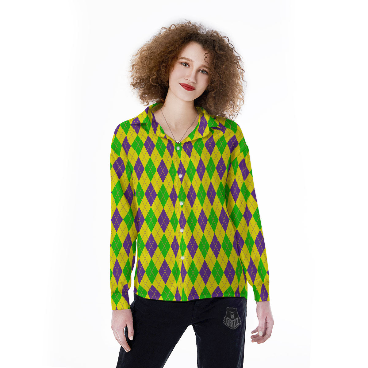 Fat Tuesday Argyle Mardi Gras Print Women's Long Sleeve Shirts-grizzshop