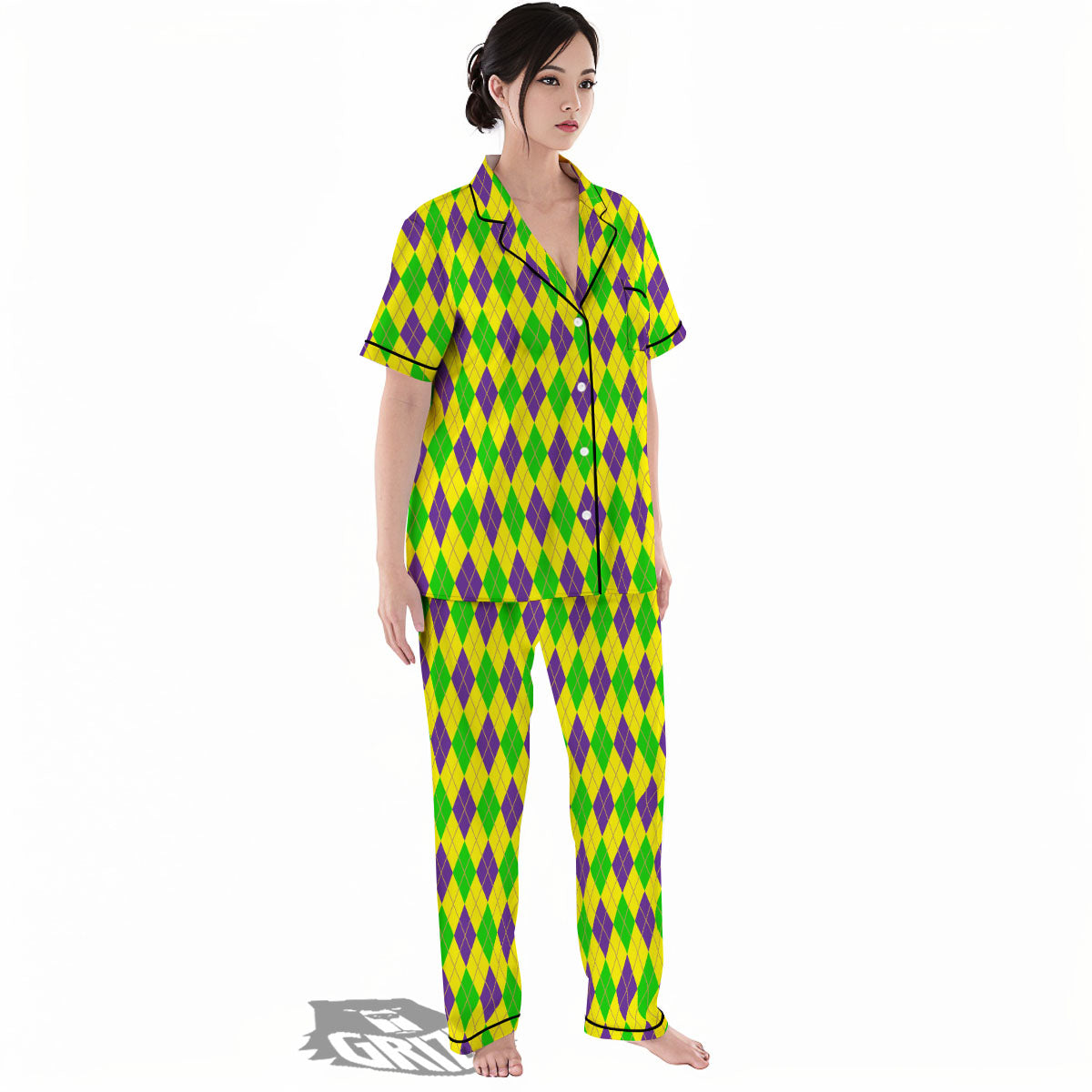 Fat Tuesday Argyle Mardi Gras Print Women's Pajamas Set-grizzshop