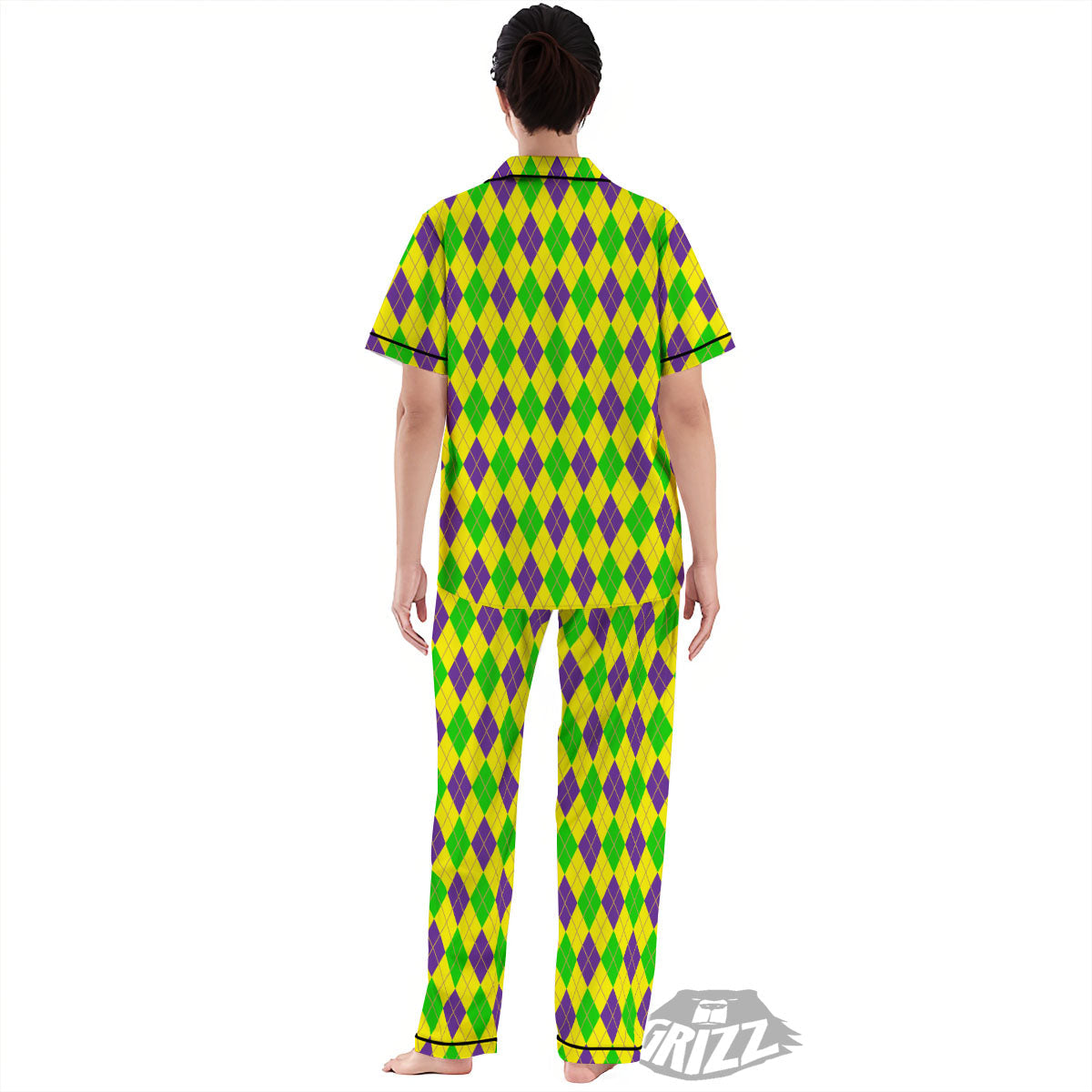 Fat Tuesday Argyle Mardi Gras Print Women's Pajamas Set-grizzshop