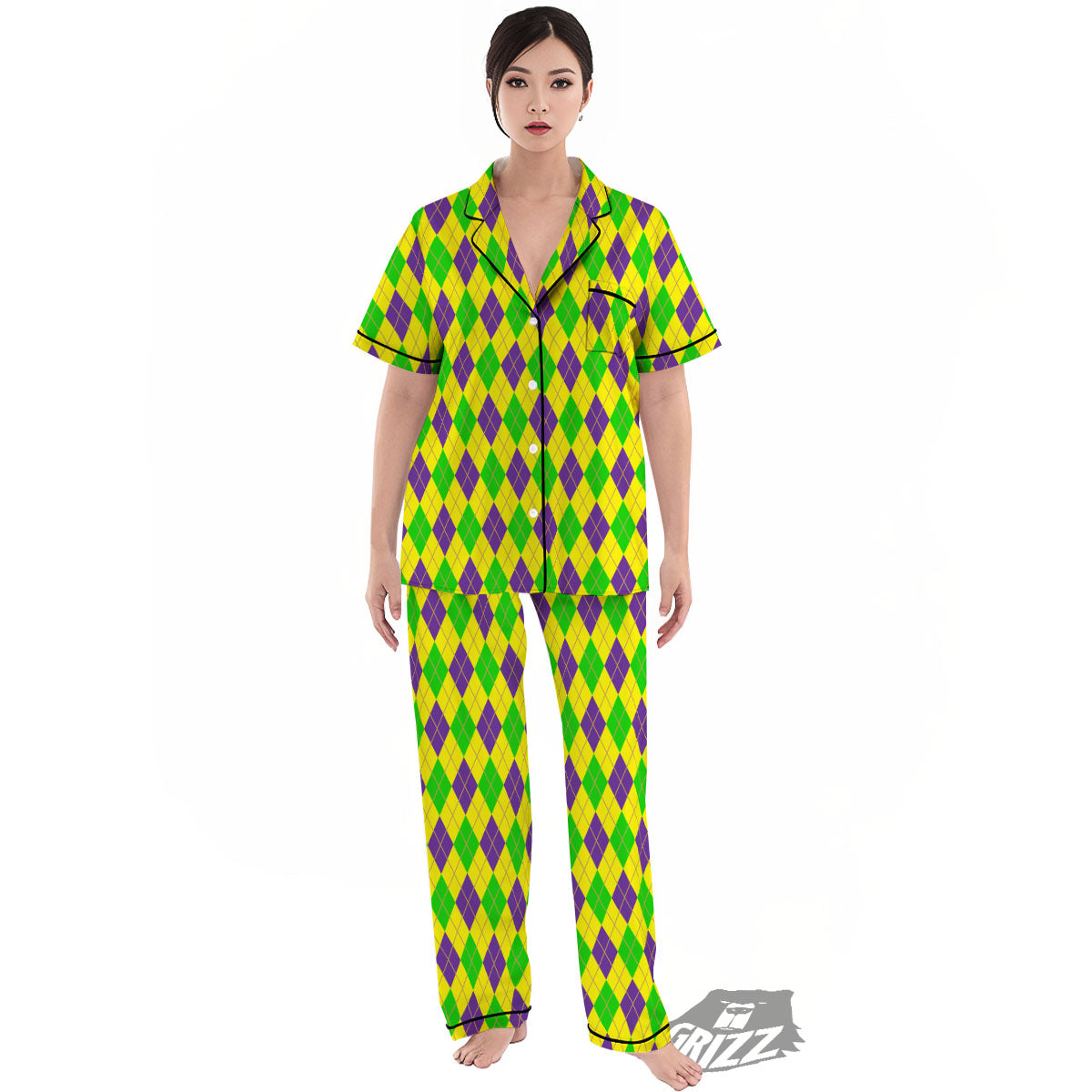 Fat Tuesday Argyle Mardi Gras Print Women's Pajamas Set-grizzshop